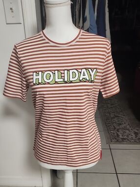 KULE Striped "HOLIDAY" Graphic Tee in Rust and White